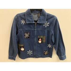 Vintage Northcrest Denim Jacket Medium Holiday Snowman Embroidered Christmas